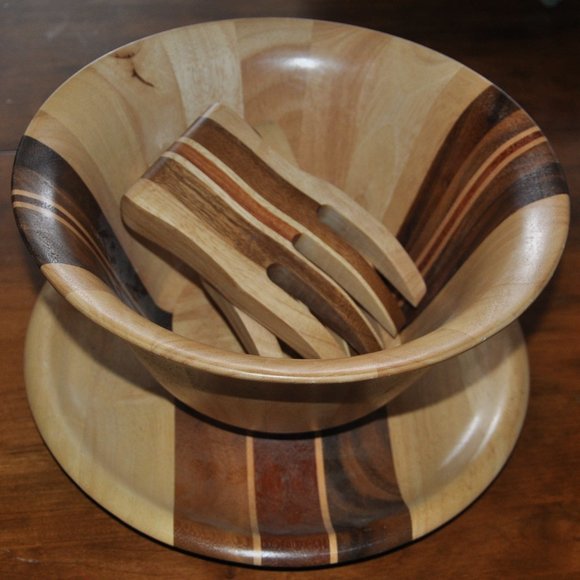 4 pc Handcrafted Mixed Wooden Striped Inlay Salad Bowl, Serving Platter & Claws - Picture 6 of 7